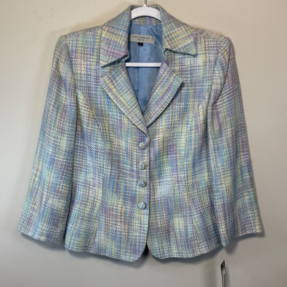 NWT Couture Inc Blazer Womens 10 Blue Multi Pastel Tweed New Professional Jacket